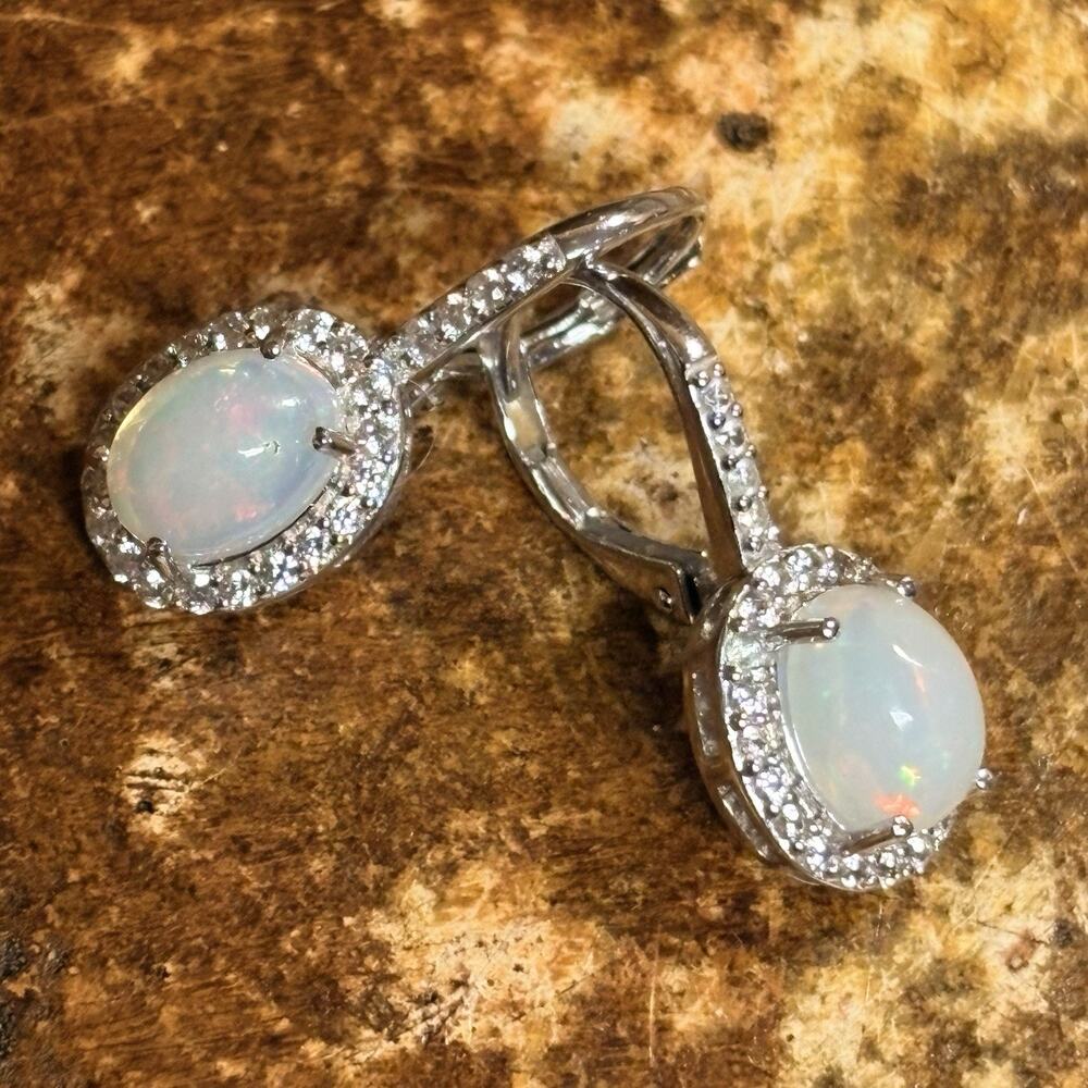 Sterling Silver, Opal and CZ Halo Drop Earrings by JCL 3/4 Inches Long